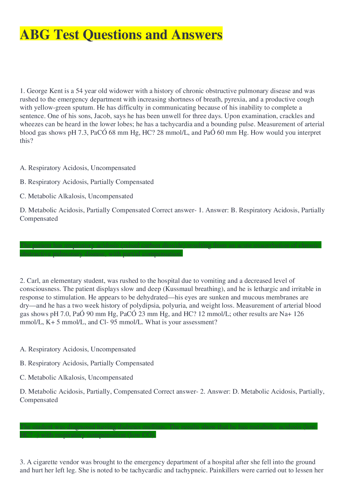Preview image of ABG Test Questions and Answers document